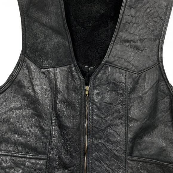 Black Shearling Sheepskin Leather Wool Biker Aviator Vest Jacket Men's 52 XL - Picture 2 of 7